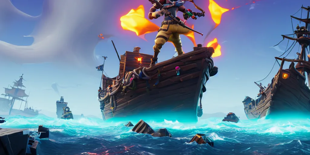 Image similar to A screenshot of a fortnite pirate standing on the front of the ghost ship with the black Jolly Roger flag, the ghost ship is in the middle of the ocean, in Fortnite, extremely detailed, pirate portrait, fantasy art overwatch and heartstone, cgsociety, artstation hq, octane render, 8k, stylized 3D CGI art , 3D, Unreal Engine, 4K UHD, RTX, DLSS,