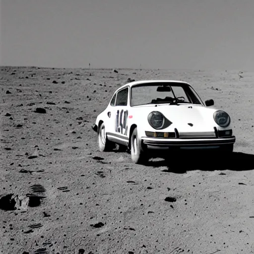 Image similar to vintage photo of a porsche 911 on the moon. apollo moon landing