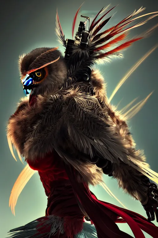 Prompt: Tekken 4 fighter anime Stunning Portrait Robot Owl with feathers all over its body, short black feathers with a samurai sword on its back, in a fighting stance, digital painting, artstation, concept art, soft light, hdri, smooth, sharp focus, illustration, art by tian zi, craig mullins, Mark Arian, WLOP, alphonse mucha