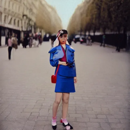 Image similar to realistic photoshoot of friendly unicorn lookbook in Paris, color film photography, portrait of a beautiful customers in style of Doisneau, 35mm, ektachrome