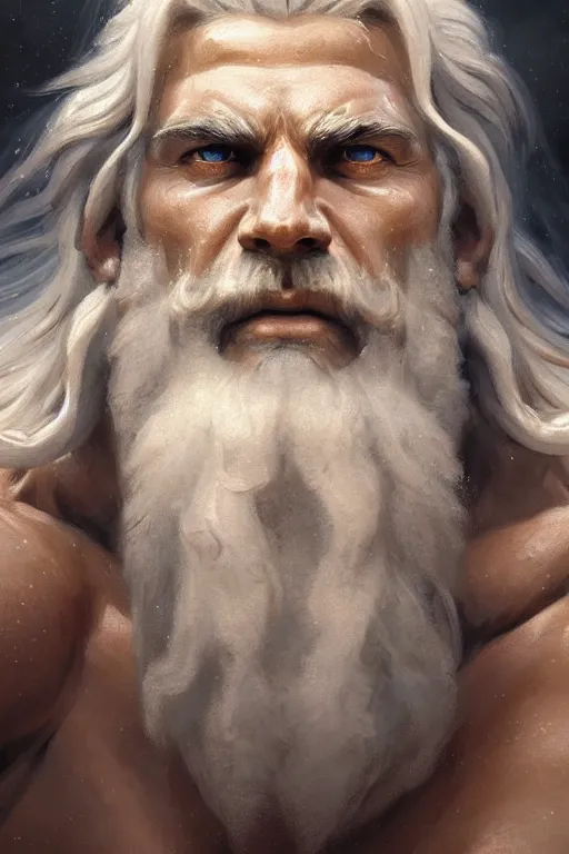 Prompt: painted portrait of rugged zeus, god of thunder, greek god, white hair, masculine, mature, handsome, torso, upper body, muscular, hairy chest, fantasy, intricate, elegant, highly detailed face, digital painting, artstation, concept art, smooth, sharp focus, illustration, art by gaston bussiere and greg rutkowski