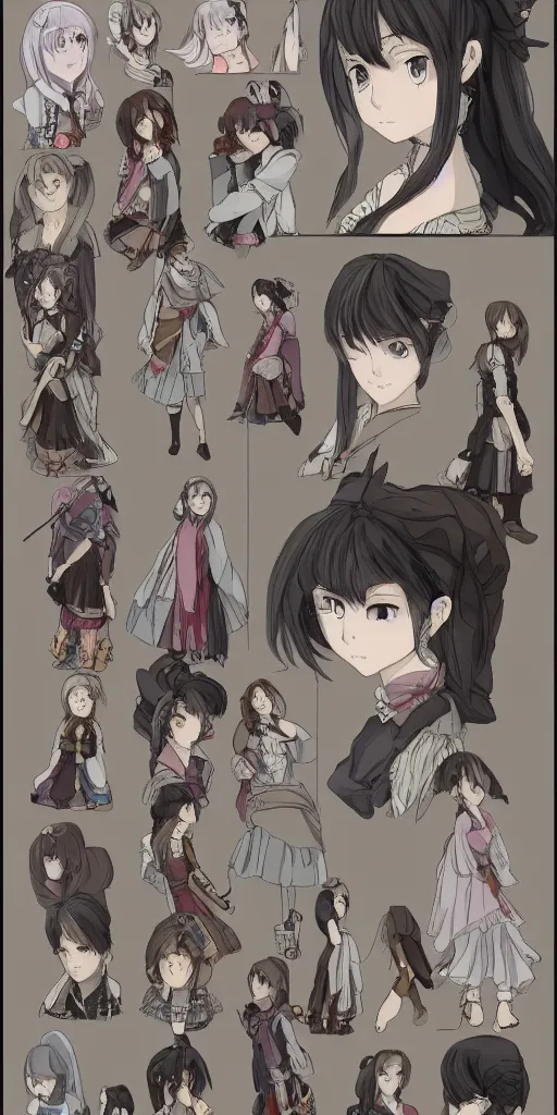 Prompt: Reference sheet for a narcoleptic and sleepy girl, in the style of anime, RPG maker, renaissance style, extremely detailed clothing, extremely detailed face and eyes, 4k, 8k, HDR, beautiful, some with her eyes closed and some with her eyes open, full body