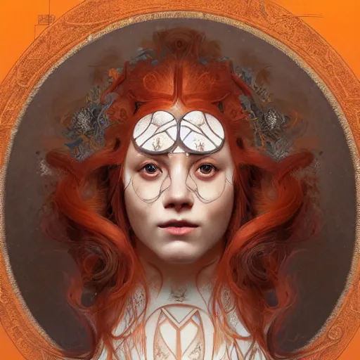 Prompt: portrait of a norse moon goddess with orange skin and a ceramic face mask, intricate, elegant, highly detailed, digital painting, artstation, concept art, smooth, sharp focus, illustration, art by artgerm and greg rutkowski and alphonse mucha and william - adolphe bouguereau