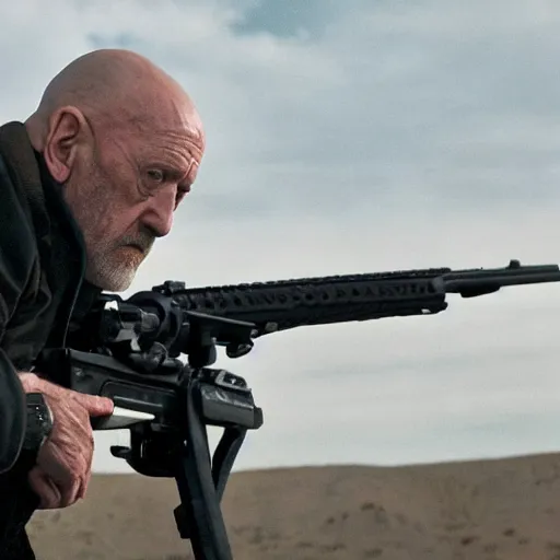 Image similar to Film Still of Mike Ehrmantraut aiming a sniper rifle in a new Breaking bad movie, 8k, highly detailed, centered