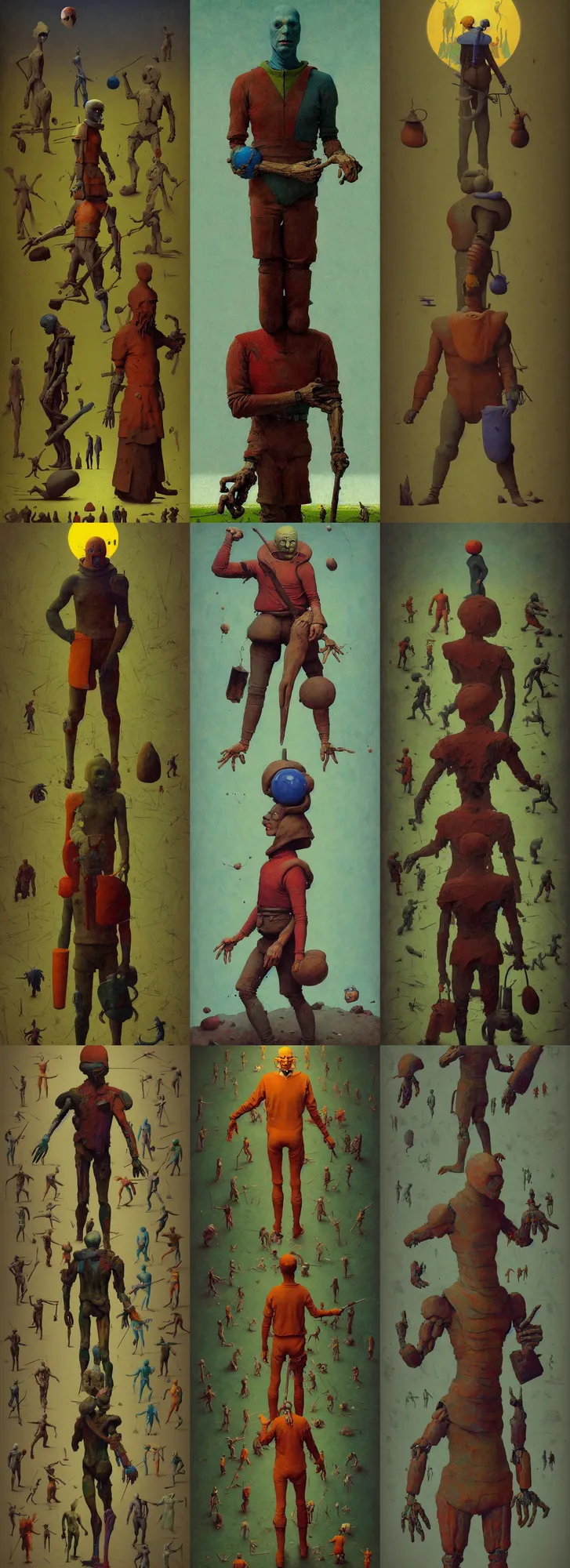 Prompt: full - body portrait surreal colorful clay fighting artstation rpg giant humanoid character concept art anatomy, action pose, very coherent and colorful high contrast masterpiece by norman rockwell franz sedlacek hieronymus bosch dean ellis simon stalenhag rene magritte gediminas pranckevicius, dark shadows, sunny day, hard lighting, reference sheet white! background