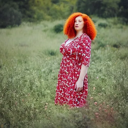 Prompt: DSLR photography of a gorgeous red haired woman with big curly hair and freckles, curvy figure wearing dress with flower print, trending on instagram