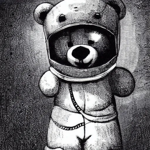 Prompt: found footage of floating teddy bear mask. space opera. b & w grainy. children illustration. art by gustav dore