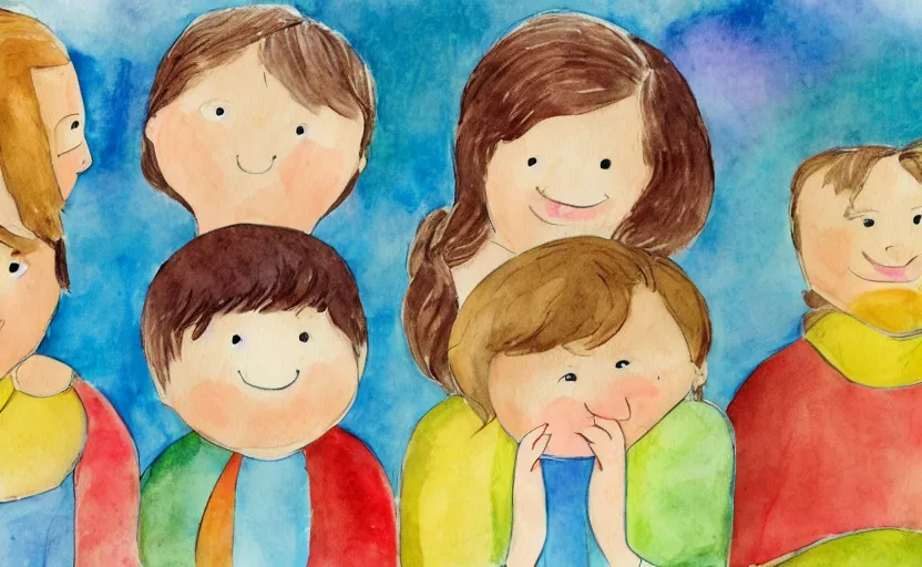 Prompt: children book illustration, A voice that flutters like a soft blanket around the four of them, water color