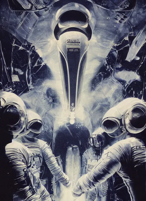 Image similar to astronauts in dark and empty void underwater - complex and hyperdetailed suit. reflection and dispersion materials. rays and dispersion of light. volumetric light. 5 0 mm, f / 3 2. noise film photo. flash photography. ultra realistic, wide angle. poster by wayne barlowe, hajime sorayama aaron horkey, craig mullins. polaroid.