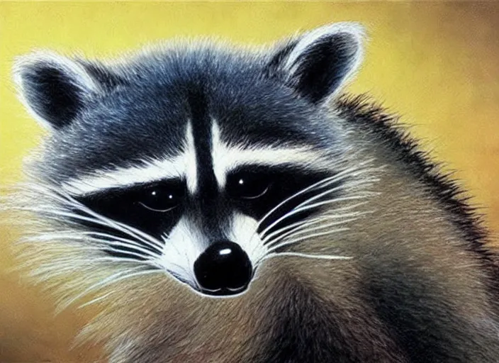 Image similar to official artwork of a raccoon character by don bluth, beautiful artwork, volumetric shading, high quality cartoon.