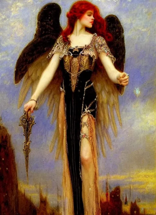 Image similar to vertical prtrait of an angel knight gothic girl, baroque dress. by gaston bussiere