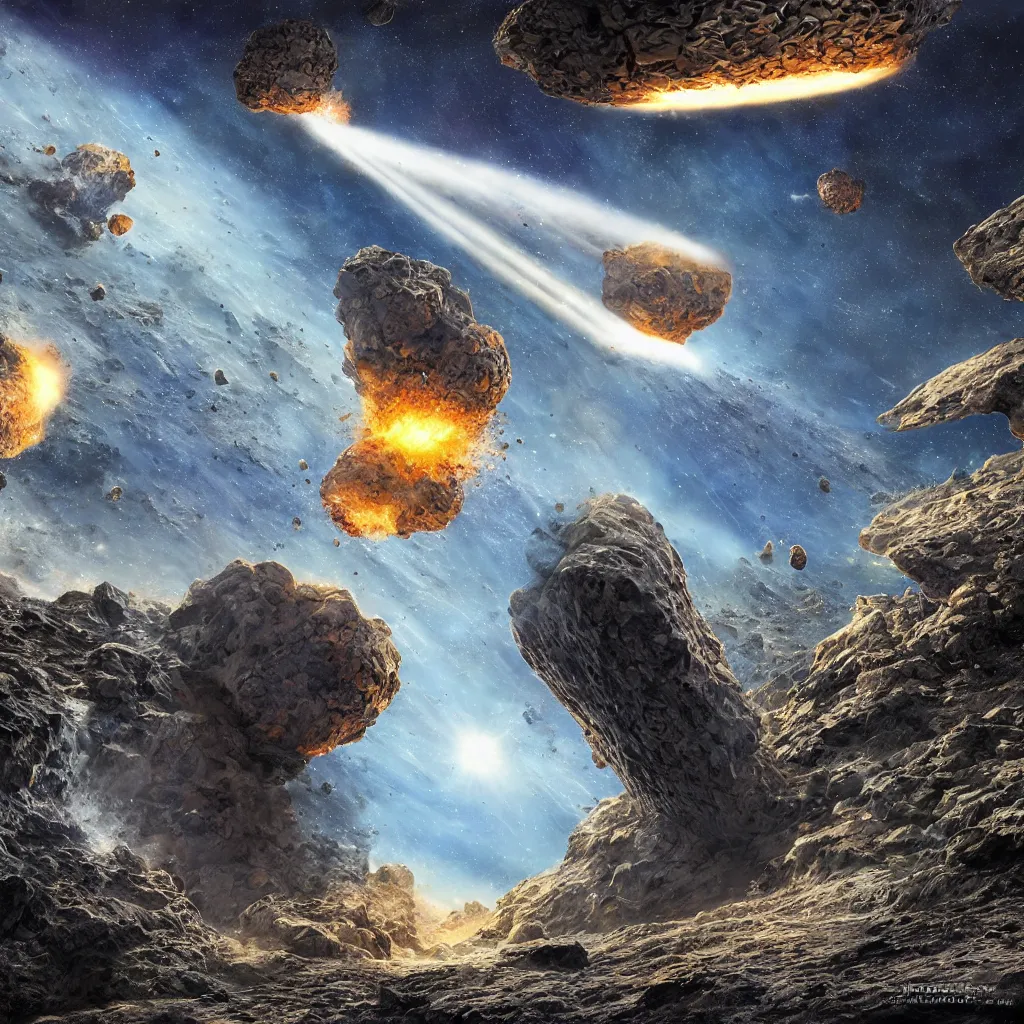 Prompt: an enormous o'neill cylinder being struck by an asteroid, art by mark cooper, 8 k, hyper detailed, hdr, intricate, masterpiece