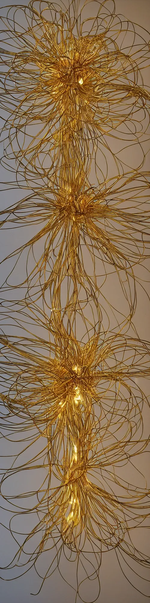 Prompt: a gigantic golden wire sculpture of a flower, golden light