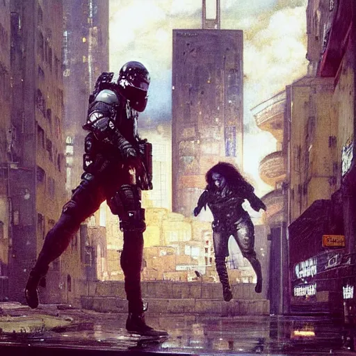 Image similar to Maria evades sgt rhodes. Cyberpunk hacker escaping Menacing Cyberpunk police trooper wearing a combat vest. Rainy streets (dystopian, police state, Cyberpunk 2077, bladerunner 2049). Iranian orientalist portrait by john william waterhouse and Edwin Longsden Long and Theodore Ralli and Nasreddine Dinet, oil on canvas. Cinematic, vivid colors, hyper realism, realistic proportions, dramatic lighting, high detail 4k