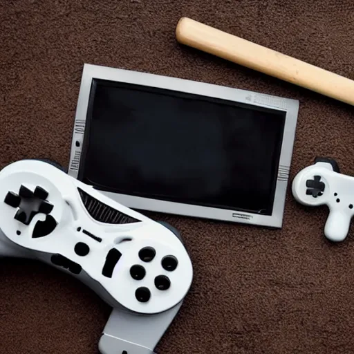 Image similar to destroyed game controller next to a broken tv and a baseball bat