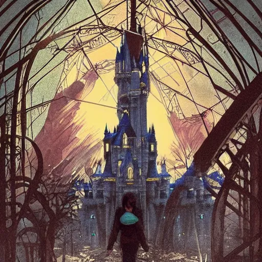 Image similar to a girl in chernobyl!!! disneyland castle!! silent hill!! wide angle, trending on artstation, art by greg rutkowsky and alphonse mucha