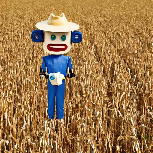 Image similar to a photo of a robot farmer wearing a straw hat blue overalls in the corn field, photorealistic, 8 k, castle background