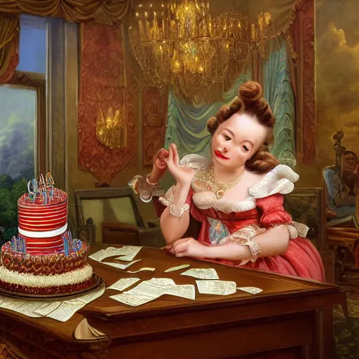 Prompt: lawyer eating a big birthday cake in a courtroom, realistic, regal, refined, detailed digital art, michael cheval, walt disney ( 1 9 3 7 ), francois boucher, oil painting, steampunk, highly detailed, cinematic lighting, unreal engine, 8 k