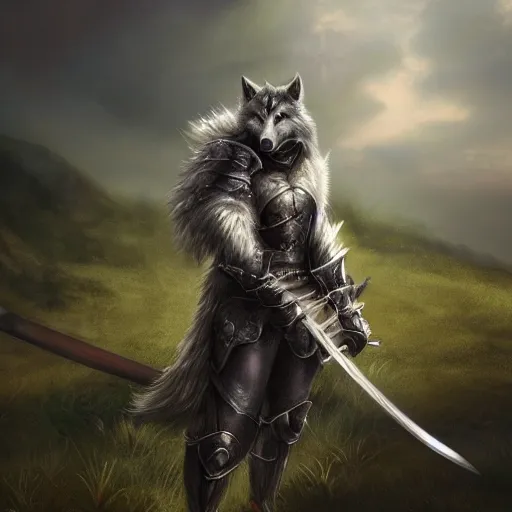 Prompt: anthropomorphic wolf knight wearing fantasy armor, holding a sword, soft focus, soft light, foggy landscape, amazing detail, realistic fur, looking at camera