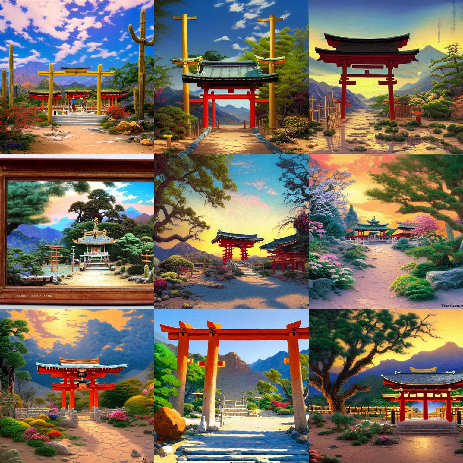 Prompt: a shinto shrine in the desert southwest, painting by Thomas Kinkade