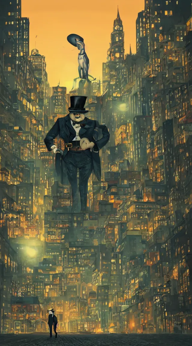 Image similar to giant doge looming over retro city, composition, artwork, money, fat robot, top hat, dusk, night, tall hat, sky, buildings, realistic