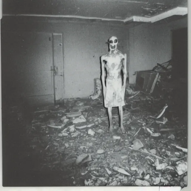 Image similar to found polaroid photo, flash, interior abandoned hospital, mutant creature standing