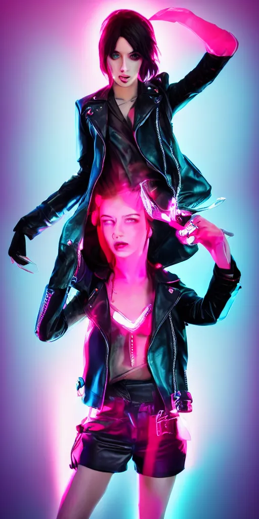 Prompt: A masterpiece portrait of a black haired female rock star in high heels and a black leather jacket, pink and blue neon, cinematic lighting, trending on artstation, 4k, hyperrealistic, focused, extreme details, unreal engine 5, cinematic,