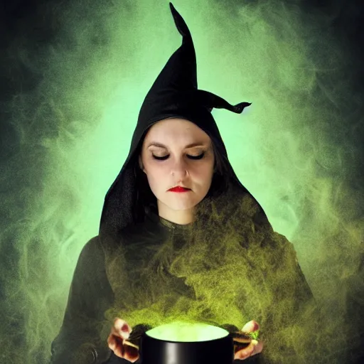 Prompt: close shot of a witch in her lair brewing a magical potion, depressing, gloomy, tired, detailed, witch hat, dungeon, green smoke, fire, smoke, realism, realistic, hyper detailed, green lighting, ambient lighting, green smoke, fog, smoke, cinematic lighting, haze, bokeh, trending on artstation, detailed face, symmetric face, mythical, colorful, pop art, vector art, retro,