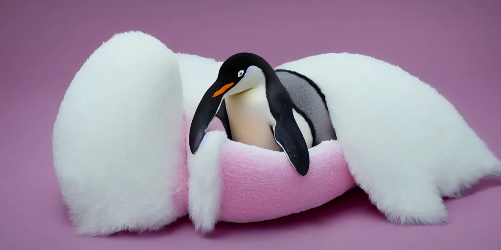 Prompt: realistic penguin sitting in a pink fluffy bed