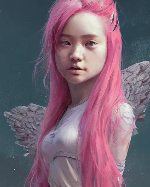 Image similar to detailed portrait of girl angel with asian eyes, with wings, pink hair, elite, elegant, luxury, by ismail inceoglu dragan bibin hans thoma greg rutkowski alexandros pyromallis nekro rene maritte illustrated, perfect face, fine details, realistic shaded, fine - face, pretty face