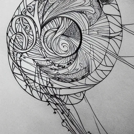 Image similar to an art nouveau tattoo design of birds flying in a simple spiral, ink, line art _ h 7 2 0