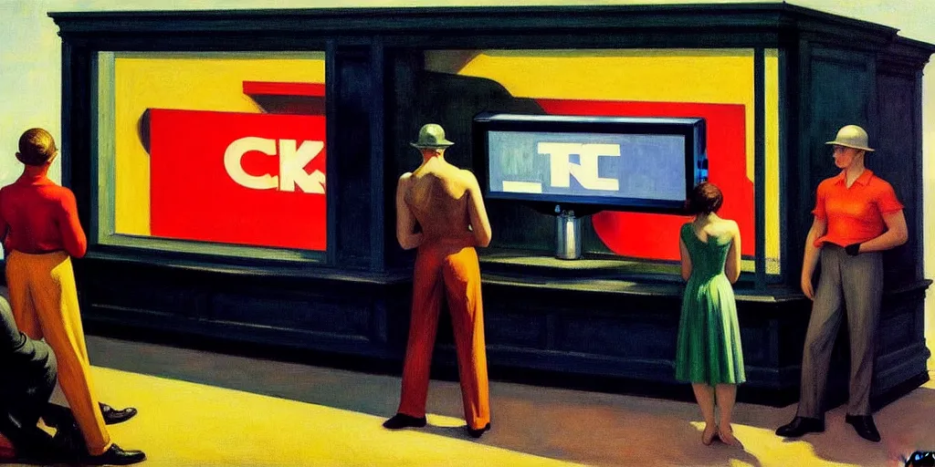 Prompt: edward hopper painting of a crt television broadcasting propaganda outside of the screen, lots of people standing around with no eyes. one normal person with eyes, a young man, frightened about what is going on around him s 1 5 0