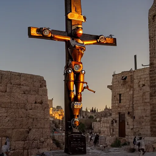 Prompt: steampunk robot crucified at dusk in ancient jerusalem