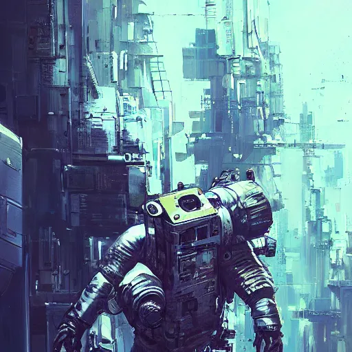Prompt: astronaut, cyberpunk, realistic, detailed, Industrial Scifi, paint, in the style of Ashley Wood and Wadim Kashin