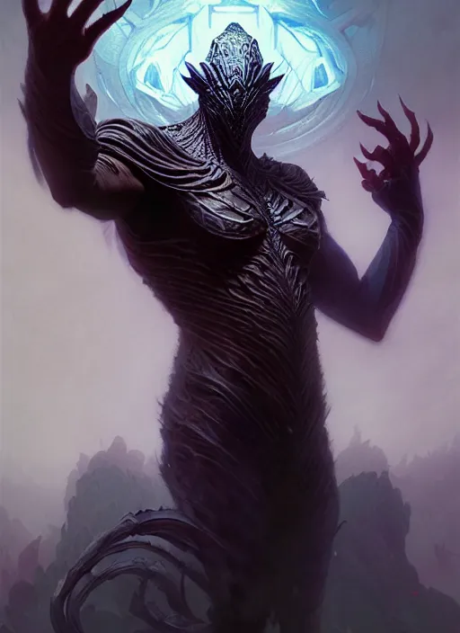 Prompt: fantasy shapeshifter revealing his true nature, dim light, front game card, marvel comics, dark, intricate, highly detailed, smooth, artstation, digital illustration by ruan jia and mandy jurgens and artgerm and wayne barlowe and greg rutkowski and zdislav beksinski