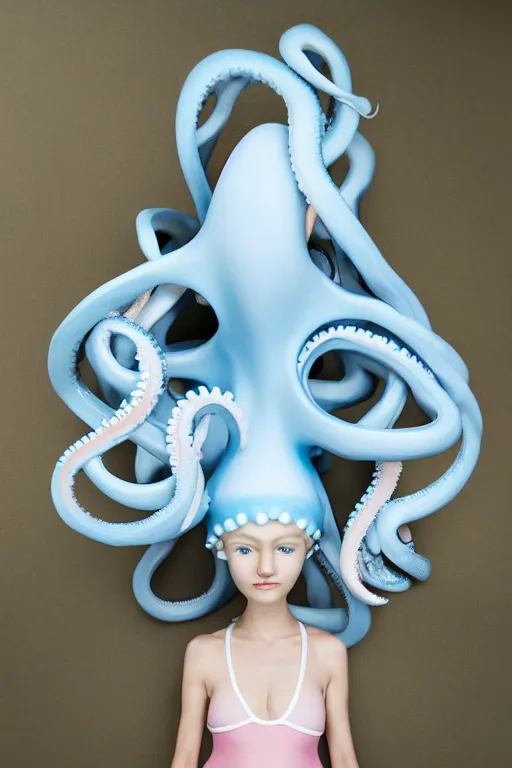 Image similar to full head and shoulders, beautiful porcelain female person, smooth, delicate facial features, big detailed eyes, white lashes, wearing a pale blue swimming cap and pale pink swimming costume, 3 d white large octopus tentacles by daniel arsham and james jean