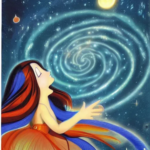 Image similar to A beautiful illustration of a young girl with long flowing hair, looking up at the stars. She appears to be dreaming or lost in thought. Sonic the Hedgehog by Dora Maar ✨