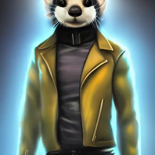 Image similar to cyberpunk anthropomorphic ferret, wearing leather jacket, medium shot portrait, digital painting, trending on ArtStation