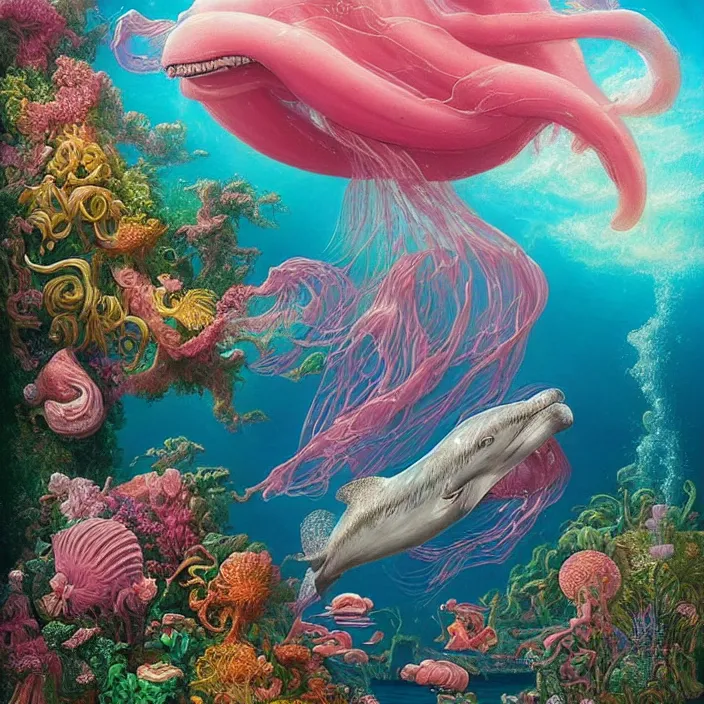 Prompt: tim hildebrandt, jellyfish, sunken ruins of a pink mannequin head, trending on artstation, highly detailed, vaporwave surreal ocean, dolphins, pool, checkerboard pattern underwater, cuastics, award winning masterpiece with incredible details, artstation, a surreal vaporwave vaporwave painting by thomas cole, flowers growing out of its head, sinking underwater, highly detailed