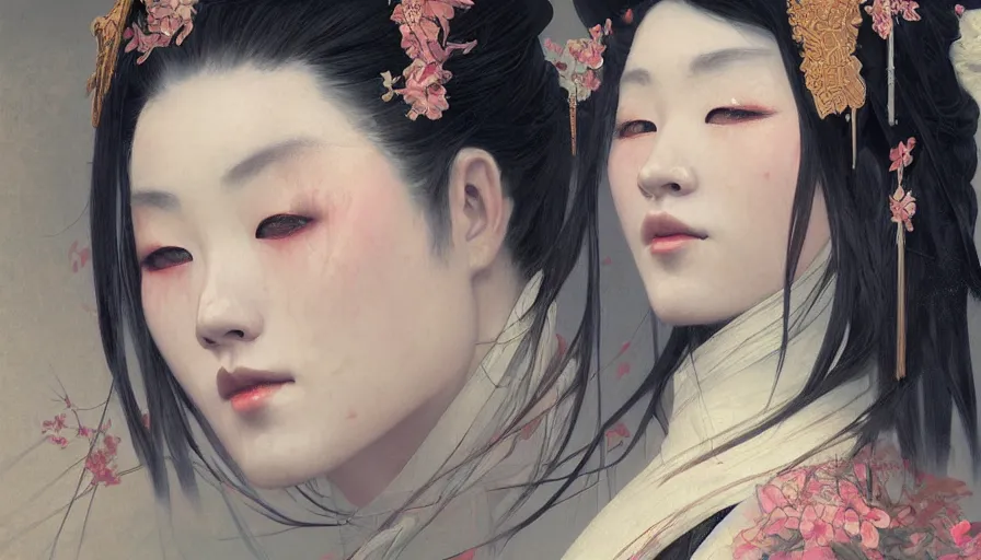 Image similar to a beautiful realistic painting of a geisha girl and a samurai warrior, intricate, elegant, highly detailed, digital painting, artstation, concept art, by krenz cushart and artem demura and alphonse mucha