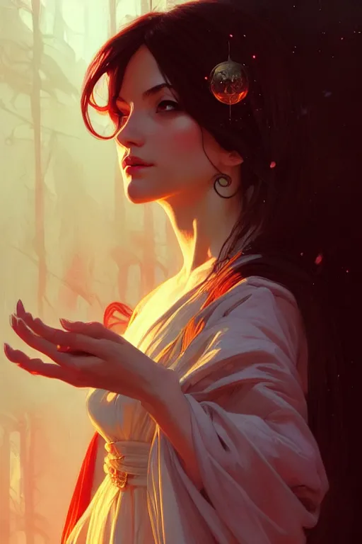 Image similar to a beautiful sorcerer woman, fantasy, portrait, sharp focus, intricate, elegant, digital painting, artstation, matte, highly detailed, concept art, illustration, ambient lighting, art by ilya kuvshinov, artgerm, Alphonse mucha, and Greg Rutkowski