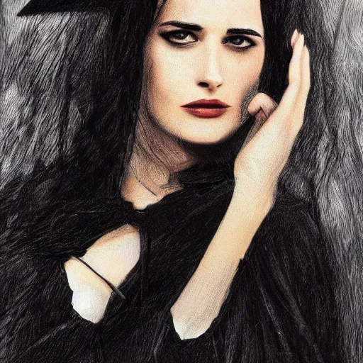 Image similar to portrait of a young eva green as yennefer from the witcher wearing black robes