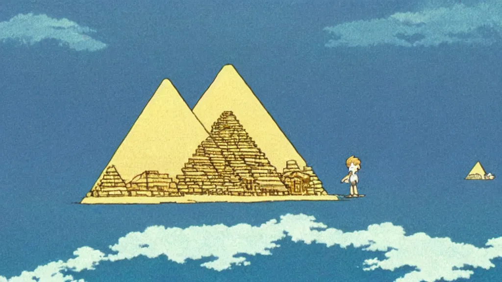 Image similar to a movie still from a studio ghibli film showing a large white pyramid and a golden ufo in the middle of the ocean. by studio ghibli