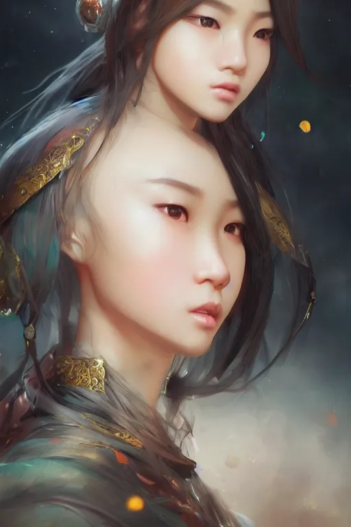 Image similar to portrait of a beautiful asian girl, anime looking type, 3 d render, hyper realistic detailed portrait, ruan jia, wlop, sha xi, fantasy, hyper detailed, octane render, concept art, ornaments, artstation, marie - gabrielle capet style