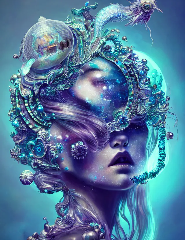 Image similar to goddess macro close - up portrait in crown made of ram skull. betta fish, jellyfish phoenix, bioluminiscent, plasma, ice, water, wind, creature, super intricate ornaments artwork by tooth wu and wlop and beeple and greg rutkowski