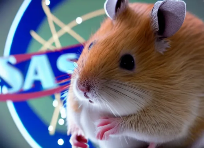 Image similar to film still of a hamster working for mission control at nasa, 8 k