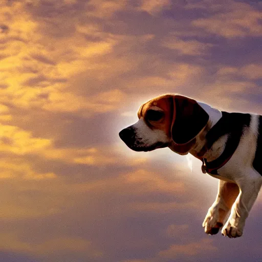 Prompt: a beagle flying in the sky using it's ears as wings, warm colors, cute