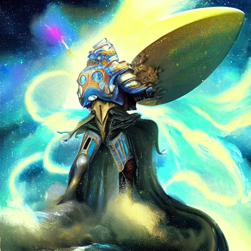 Image similar to armored sorcerer surfing on a nebula, rich epic dynamic artwork