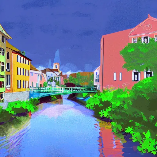 Image similar to digital art painting of a river running through a european town, very mediocre, not detailed at all.