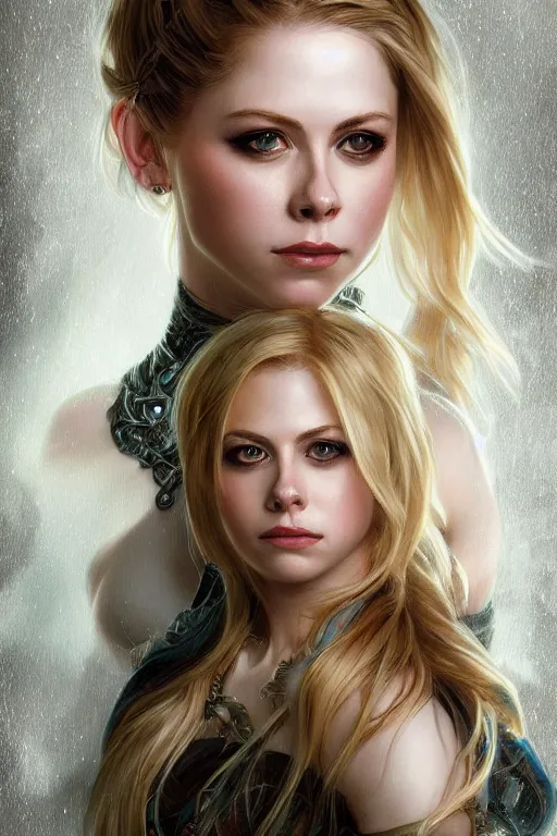 Image similar to portrait of avril lavigne, 3 0 years old, upper body, d & d, fantasy, intricate, elegant, highly detailed, digital painting, artstation, concept art, smooth, sharp focus, illustration, art by artgerm and greg rutkowski and alphonse mucha